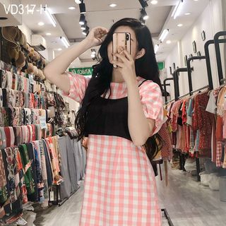 Set Đầm Caro Áo Thắt Nơ 317
