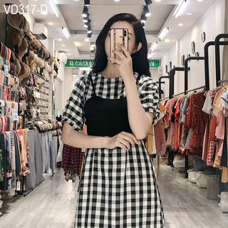 Set Đầm Caro Áo Thắt Nơ 317