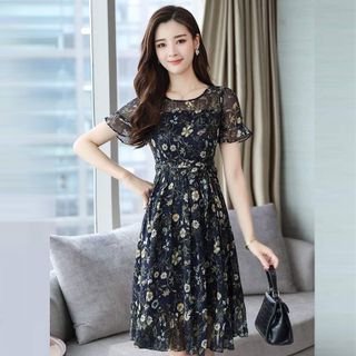 Đầm Voan Hoa Cúc In 3D Xòe Hai Tầng Cao Cấp