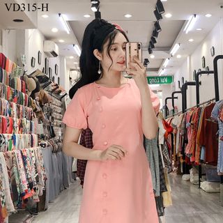 Đầm Tay Con Bo Phối Nút Dọc