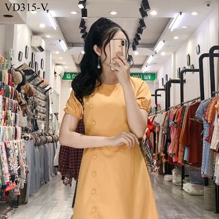 Đầm Tay Con Bo Phối Nút Dọc