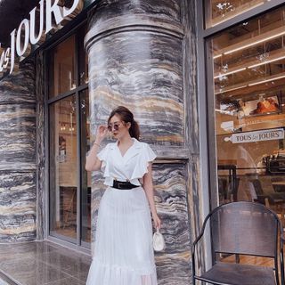 ĐẦM TAY BÈO CỔ VEST KÈM BELT