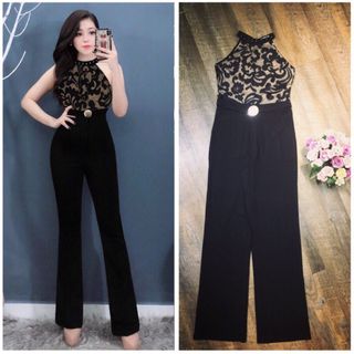 Jum dài ống suông cổ yếm đính hột phối ren belt liền