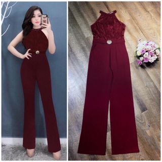 Jum dài ống suông cổ yếm đính hột phối ren belt liền