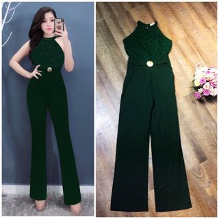Jum dài ống suông cổ yếm đính hột phối ren belt liền