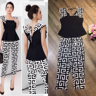 Set nguyên bộ quần lửng áo peplum phối họa tiết xinh