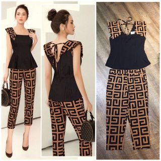 Set nguyên bộ quần lửng áo peplum phối họa tiết xinh