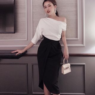 Set váy đen Áo trắng lệch vai