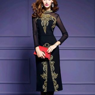 Đầm thun lụa thêu vàng cao cấp