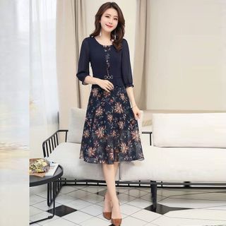 Đầm Voan In Hoa 3D Áo Giả Vest Có Nịt