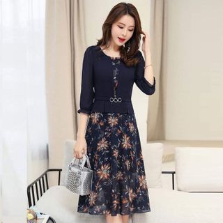 Đầm Voan In Hoa 3D Áo Giả Vest Có Nịt