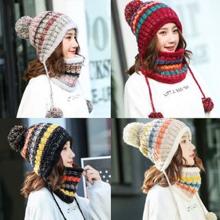 Bộ mũ len và khăn trùm cổ sọc màu A003