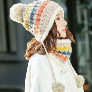 Bộ mũ len và khăn trùm cổ sọc màu A003