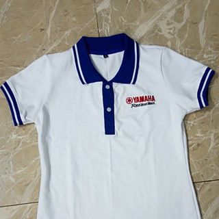 áo thun thêu logo yamaha trắng cổ xanh