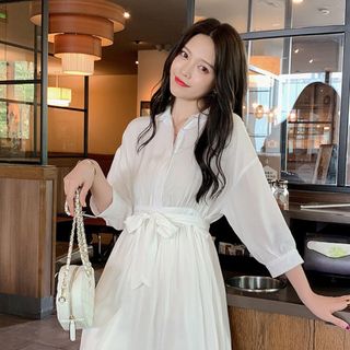 Đầm sơ mi kèm dây nơ thắt rời