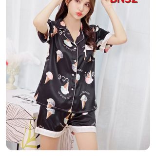 BN52 - Bộ ngủ pizama lụa quần tay ngắn họa tiết que kem