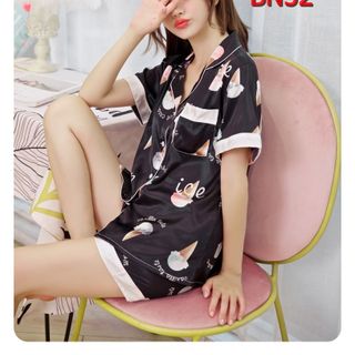 BN52 - Bộ ngủ pizama lụa quần tay ngắn họa tiết que kem