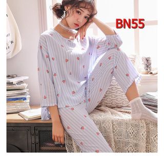 BN55 - Bộ ngủ cotton lụa form rộng quần dài tay lửng giá sỉ