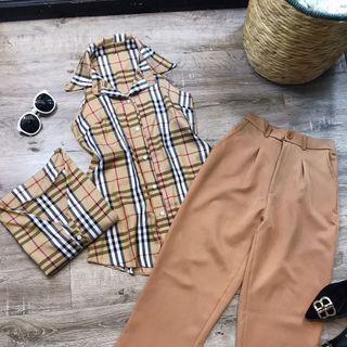 Combo 3 món bơ be ri Quần tây áo sát tay sơ mi cổ V