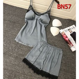BN57 - Bộ ngủ 2 dây chất phi lụa quần viền ren