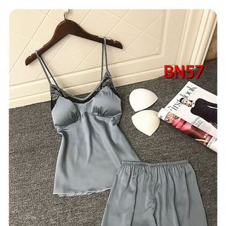 BN57 - Bộ ngủ 2 dây chất phi lụa quần viền ren