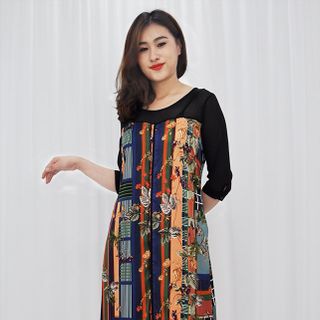ĐẦM SUÔNG IN HỌA TIẾT LÁ NHIỀU MÀU VIỀN ĐEN D3071 235 - HÌNH THẬT 100