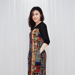 ĐẦM SUÔNG IN HỌA TIẾT LÁ NHIỀU MÀU VIỀN ĐEN D3071 235 - HÌNH THẬT 100
