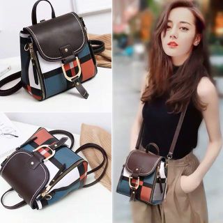 Balo Mini Nữ Kết Hợp Túi Xách Thời Trang Hàn Quốc Kẻ Sắc Màu