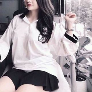 Áo tay dài cổ bẻ thêu hình có ảnh thật