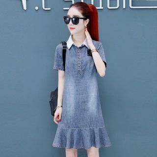 Đầm Jean Cổ Sơ Mi Đuôi Cá Trẻ Trung