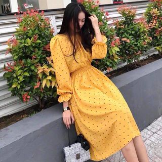 Đầm Maxi Bo Eo Chấm Bi