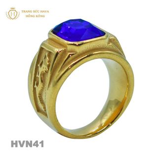 Nhẫn Nam Titan Mạ Vàng 24k Mặt Đính Đá Xanh - Trang Sức Hava Hồng Kong HVN41