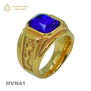 Nhẫn Nam Titan Mạ Vàng 24k Mặt Đính Đá Xanh - Trang Sức Hava Hồng Kong HVN41
