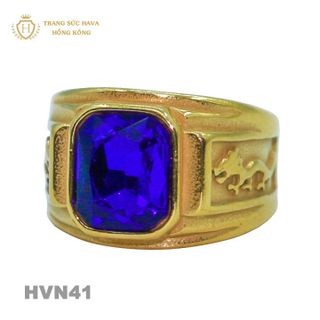 Nhẫn Nam Titan Mạ Vàng 24k Mặt Đính Đá Xanh - Trang Sức Hava Hồng Kong HVN41