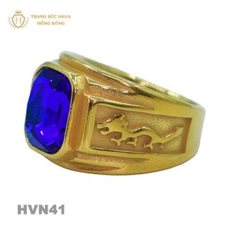 Nhẫn Nam Titan Mạ Vàng 24k Mặt Đính Đá Xanh - Trang Sức Hava Hồng Kong HVN41