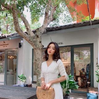 Đầm Cổ V Đính Nút Rút Dây 2 Bên Tay