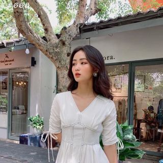 Đầm Cổ V Đính Nút Rút Dây 2 Bên Tay