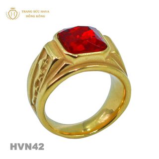 Nhẫn Nam Titan Mạ Vàng 24k Mặt Đính Đá Đỏ - Trang Sức Hava Hồng Kong HVN42