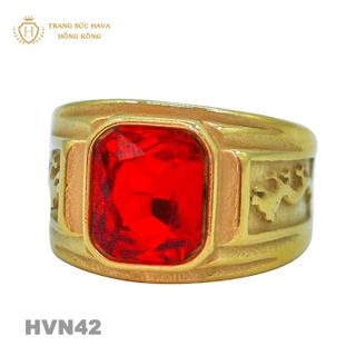 Nhẫn Nam Titan Mạ Vàng 24k Mặt Đính Đá Đỏ - Trang Sức Hava Hồng Kong HVN42