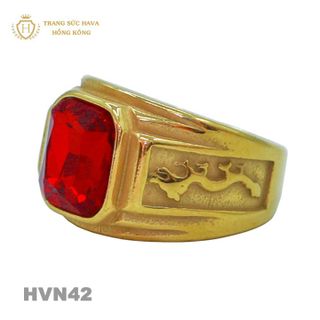 Nhẫn Nam Titan Mạ Vàng 24k Mặt Đính Đá Đỏ - Trang Sức Hava Hồng Kong HVN42