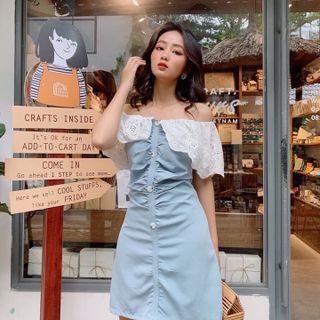 Đầm Bẹt Vai Phối Ren Đính Núc