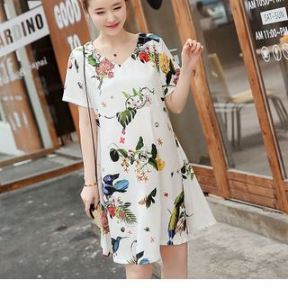 Đầm bầu in hoa lá thời trang