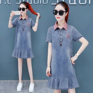 Đầm Jean Cổ Hồng Sơ Mi Đuôi Cá