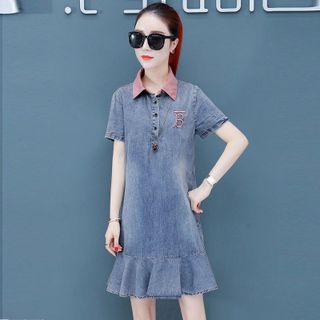 Đầm Jean Cổ Hồng Sơ Mi Đuôi Cá
