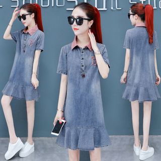 Đầm Jean Cổ Hồng Sơ Mi Đuôi Cá