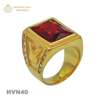 Nhẫn Nam Titan Mạ Vàng 24k Mặt Đính Đá Đỏ - Trang Sức Hava Hồng Kong HVN40