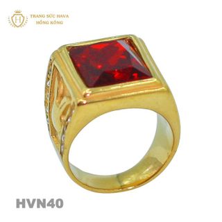 Nhẫn Nam Titan Mạ Vàng 24k Mặt Đính Đá Đỏ - Trang Sức Hava Hồng Kong HVN40