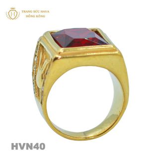 Nhẫn Nam Titan Mạ Vàng 24k Mặt Đính Đá Đỏ - Trang Sức Hava Hồng Kong HVN40