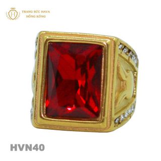 Nhẫn Nam Titan Mạ Vàng 24k Mặt Đính Đá Đỏ - Trang Sức Hava Hồng Kong HVN40