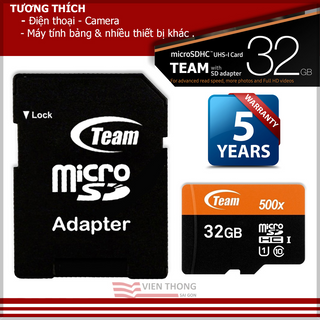 Thẻ nhớ microSDHC Team 32GB 500x upto 80MB/s class 10 U1 kèm Adapter - Hãng phân phối chính thức